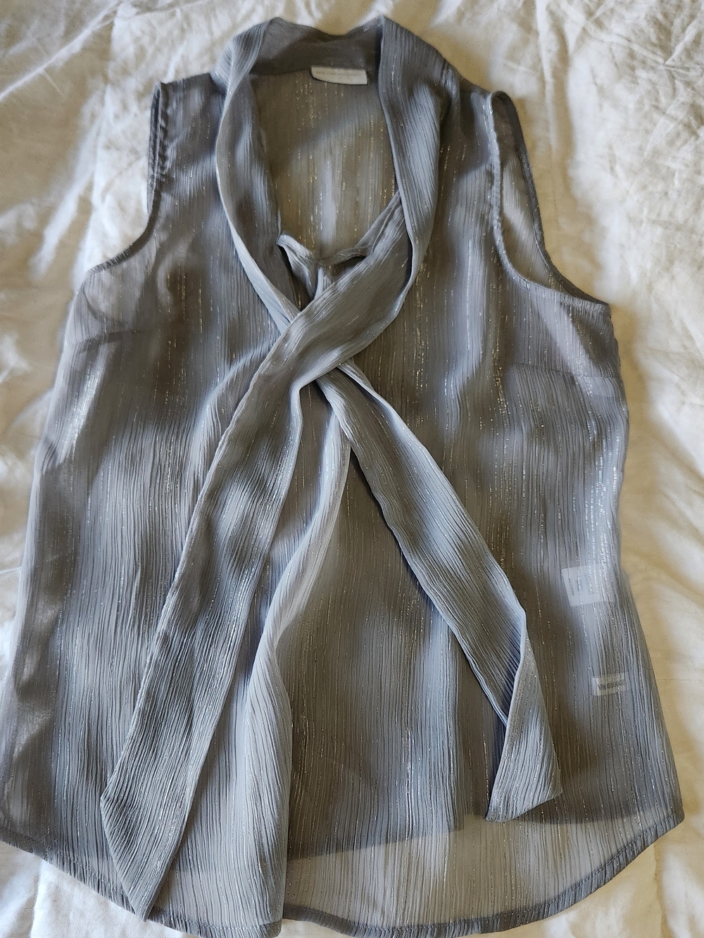 Sleeveless Metallic Gray Tie-Neck Blouse - Women Tops